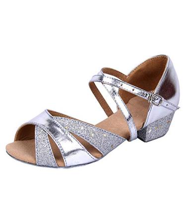 missfiona Girls Soft-Soled Glittering Latin Ballroom Dance Shoes with Leather Strap 4 Big Kid Silver