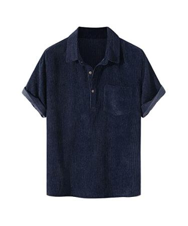 CRERI Men's Casual Short Sleeve Shirts, Corduroy Basic Cotton Button Down Shirt, Lightweight Summer Beach Clothing for Men X-Large 2-darkblue