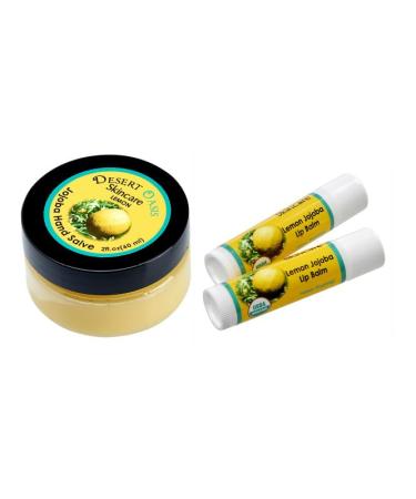 Lemon Hand Salve with over 50% Jojoba Oil plus 2 Organic Lemon Lip Balms with over 70% Jojoba Oil. 100% Natural. By Desert Oasis Skincare (1 fl oz/29 ml)