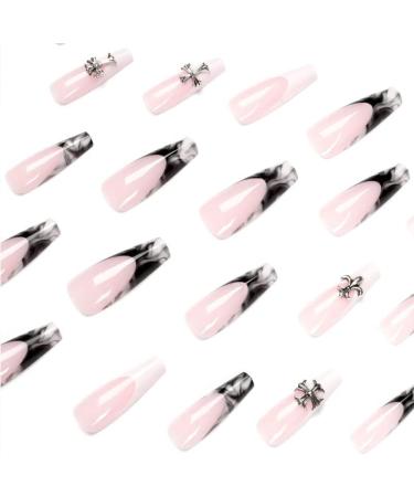 French Tip Press on Nails - Long Press On Nails with Nail Tips Black and white halo dyed cross design fake nailspress on nails Acrylic False Nails Cute Artificial Nails - Buy Online on GoSupps.com