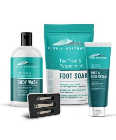 Tea Tree Gift Set for Sore  Overworked & Calloused Feet-Softens & Hydrates. A refreshing blend of Tea Tree & Peppermint Oils Includes: Tea Tree Wash  Soak  Cream & Nail Clippers by Purely Northwest