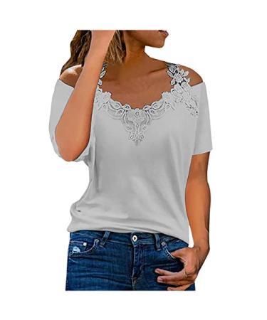 Cutout Cold Shoulder T Shirt for Womens Lace Patchowrk Short Sleeve Tops Sumemr Casual Plus Size V-Neck Floral/Solid Blouse Gray X-Large