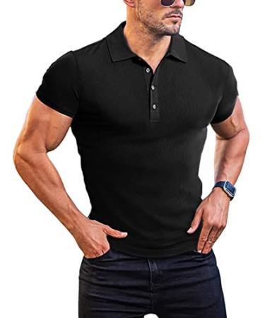 Guisens Men's Muscle Polo Shirts Short & Long Sleeve Casual Slim Fit Collared Shirt Stretch Ribbed Golf T Shirts Short Sleeve-black Large
