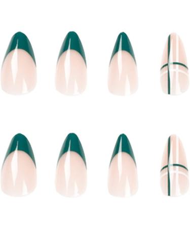 Justotry 24 Pcs Almond False Nails Short Dark Green French Press on Nails with Nail Glue - Oval Stick on Nails for Women - Teal Green Pattern Fake Nails - Buy Online on GoSupps.com