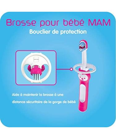 MAM Learn to Brush Set (1 Baby's Brush Toothbrush 1 Training Brush 1 Safety Shield) Baby Toothbrushes with Brushy the Bear Interactive App For Girls 5+ Months Pink - Buy Online on GoSupps.com