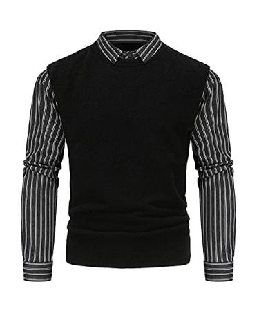 GXLONG Men's Fake Two Piece Striped Pullover Sweater Knitted Contrast Color Polo Sweaters Knit Striped Dress Shirt Medium Black C