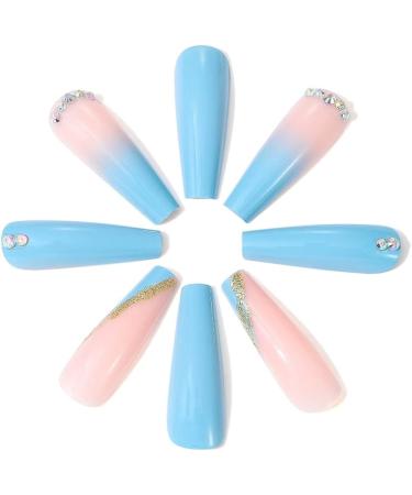 Brishow Coffin False Nails - Long Blue Flower Fake Nails | 24pcs Ballerina Acrylic Stick on Nails for Women and Girls - Buy Online on GoSupps.com