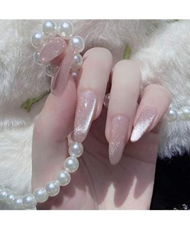 Sethexy long glossy oval false fingernails sparkle gold 24th complete cover acrylic art press false nail tips for women and girls (pink)