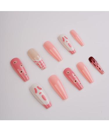 Xerling Horror Pattern Long Coffin Nails | Soft Pink Press-On Fake Nails for Halloween | 24 Pcs - Perfect Nail Art - Buy Online on GoSupps.com