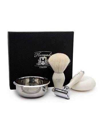 White hair roof hair set in ivory white color.The set includes shaving brushes the security razor (do not sound included) stainless steel bowl & free soap - Buy Online on GoSupps.com