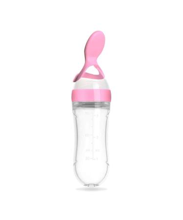 Silicone Squeeze Bottle Spoon Baby Feeding Cereal Rice Supplement with Dispensing Feeder Food Dispensing Spoon Infant Newborn Toddler Food Supplement Set- 90ml Pink