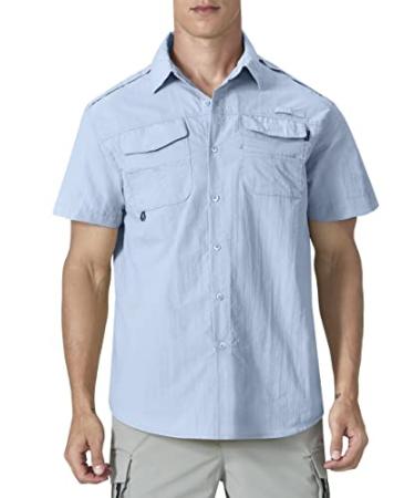Mens Fishing Shirts Short Sleeve UPF 50+ Sun Potection UV Shirts for Hiking Work Button Down Shirts with Velcro Pockets Light Blue XX-Large