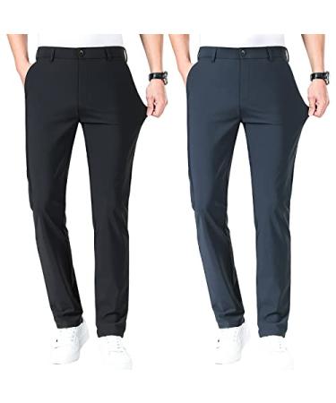 LUSHENUNI Men's Golf Pants Slim High Stretch, Ice Silk Dress Pants with Expandable-Waist Pants Black/Grey 33
