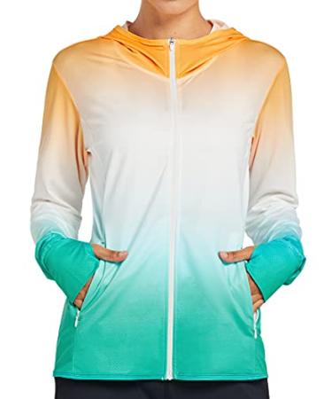 Libin Women's Full Zip UPF 50+ Sun Protection Hoodie Jacket Long Sleeve Sun Shirt Hiking Outdoor Performance with Pockets 02-gradient Ramp-orange/Green X-Large