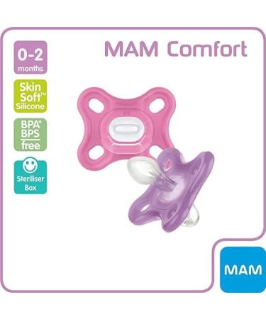 MAM Comfort All-Silicone Soothers 0-3 Months (Pack of 2) Soft and Light soother Premature and Newborn Essentials with Self Sterilising Travel Case Pink Pink 0 month - Buy Online on GoSupps.com