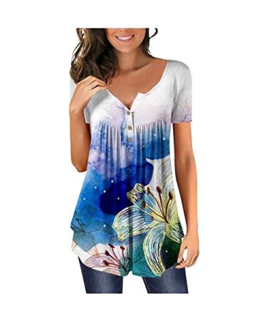 Floral Print Henley Shirts Tshirts That Hide Belly Fat Button Down Tunic Tops for Women Loose Fit Flowy Short Sleeve Shirt Blue Large