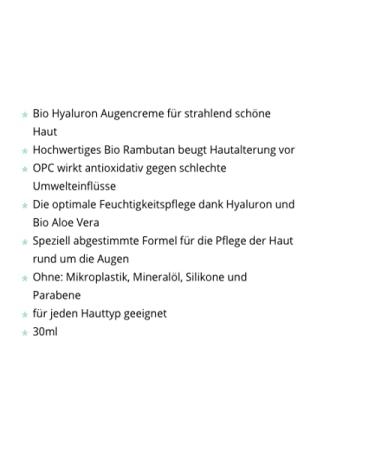 Wecares Bio Hyaluron Eye Cream - Vegan 30ml Moisturizer with Rambutan OPC & Aloe Vera - Natural Ingredients - Made in Germany - Buy Online on GoSupps.com