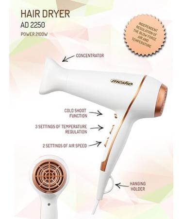 Mesko Cloudy White Hair dryer 2100 watts hair dryer with attachment travel hair dryer mesko 2 speeds 3 temperature settings shaping nozzle 360 degrees rotatable white - Buy Online on GoSupps.com