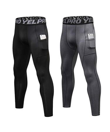 Compression Pants Men with Pocket Athletic Running Tights Cool Dry Workout Leggings for Sports Medium #290-black+gray
