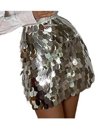Zoestar Sequin Skirt Sparkly Silver Hip Scarf Fashion Party Sequin Skirt Dance Costume Shiny Club Skirts for Women and Girls 32 Regular