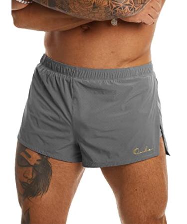 Ouber Men's Running Shorts with Liner 2'' Workout Shorts Bodybuilding Side Split Mesh Gym Shorts Grey Large