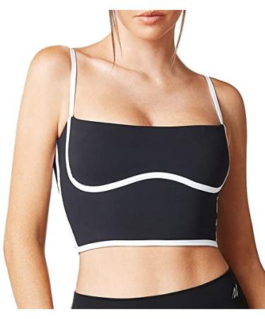 Move With You Sleeveless Spaghetti Strap Padded Sports Bra Tank Tops Square Neck Double Layer Workout Fitness Basic Crop Tops Black Small