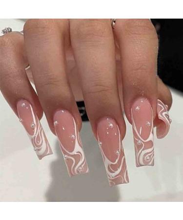 Foccna Square Press on Nails Long  Pearl Pink Fake Nails Acrylic False Nails Artificial Nails for Women and Girls 24 pcs Square Pearl Pink Nails