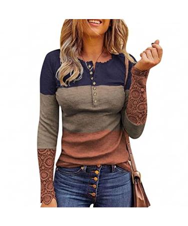 Long Sleeve Shirts for Women Dressy,Womens Ribbed Knit Henley Long Sleeves Tunic Lace Tops V Neck Button Down Slim Fit Blouse Large Orange