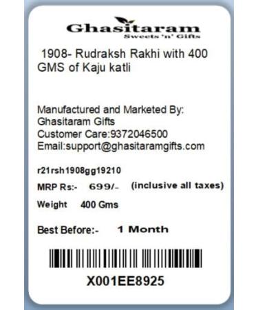 Ghasitaram Gifts Rakhi for Brother Rakhis Online - 1908- Rudraksh Rakhi with 400 GMS of Kaju katli - Buy Online on GoSupps.com