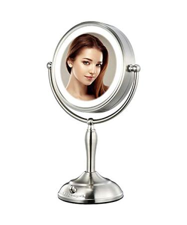 Mirrormore 8.5 Large Vanity Mirror with 40 Dimmable LED Lights, 1X/10X Magnification, 3 Light Colors, Senior Pearl Nickel Finish - 360 Rotation, Power Saving Supply - Buy Online on GoSupps.com