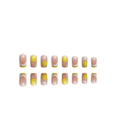 24Pcs Medium Square French Tip Yellow Flower Star Press on Nails | Acrylic False Nails for Women - Glossy Full Cover Design - Buy Online on GoSupps.com