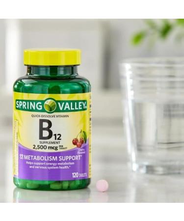 Generic Spring Valley Vitamin B12 2500 mcg B12 Quick-Dissolve Cherry Flavor Tablets Dietary Supplement Vitamin B12 120 Count + DRI Store +Sticker - Buy Online on GoSupps.com