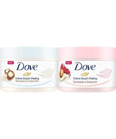 Dove shower peeling macadamia & rice milk 4-pack (4 x 225 ml) + Dove cream-shower peel for silky smooth skin pomegranate & shea butter with a rich texture 4 Pack (4 x 225 ml)