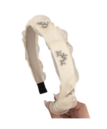 TQUXNGA Women Headband 1.2inch Wide Hairband with Rhinestones Star Hairhoop Headdress Girls Sweet Head Accessory White