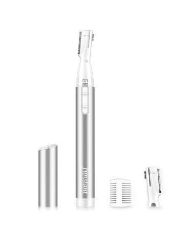 Upgraded Eyebrow Trimmer Funstant Precision Facial Hair Trimmer Battery-Operated Eyebrow Razor for Women with Comb No Pulling Sensation Painless for Face Chin Neck Upper-Lip Peach-Fuzz Silver