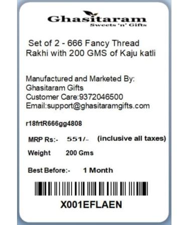 Ghasitaram Gifts Rakhi for Brother Rakhis Online- Set of 2-666 Fancy Thread Rakhi with 200 GMS of Kaju katli - Buy Online on GoSupps.com