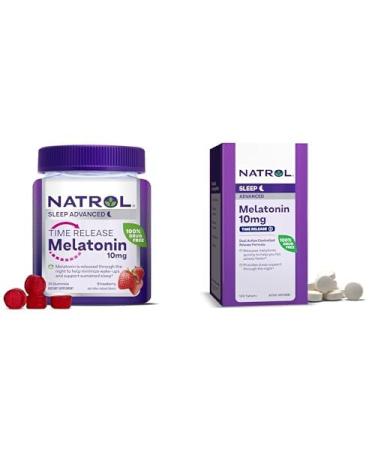 Bundle of Natrol Time Release Melatonin 10 mg 100 Tablets Dietary Supplement for Restful Sleep & Natrol Time Release Melatoning 3mg Gummies 35 Strawberry-Flavored Melatonin Gummies 35 Day Supply