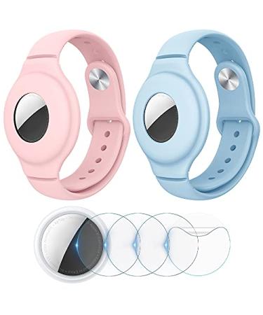 VEGO 2+4Pack AirTag Bracelet for Kids 2 Pack Silicone Watch Bands + 4 Pack Anti-Scratch Films for Kids Children Upgraded Metal Studs Anti-dropping Wristband Compatible with AirTag PINK+BABY BLUE