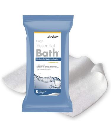 Stryker - Sage Essential Bath Cleansing Washcloths - 1 Package, 8 Cloths - Fragrance Free, No-Rinse Bathing Wipes, Ultra-Soft and Medium Weight Cloth, Hypoallergenic