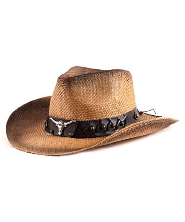 SoJourner Bags Men & Women's Cowboy Cowgirl Hat - Western Hats for Women, Adjustable Cowboy Hat Men with Wide Brim Brown Longhorn