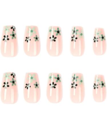 24 Pcs Floral Fake Nails Medium Green French Press on Nails - Trendy Nude Ballerina Stick on Nails for Women - Acrylic Coffin False Nails Long with Glue for Nail Art - Buy Online on GoSupps.com