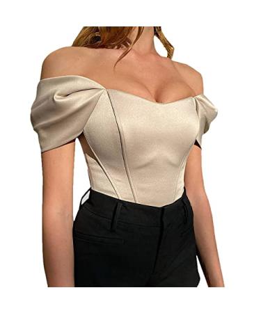 TUNUSKAT Womens Sexy Tube Top Off The Shoulder Puff Sleeve T-Shirt Blouse Solid Slim Fishbone Thread Breast Wrap Pullover Small 01*beige