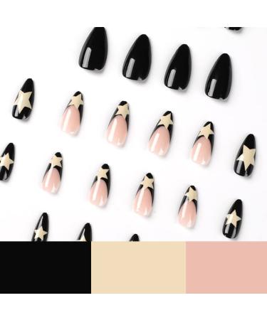 Black French Tip Almond Press on Nails - 24Pcs Medium Length Glossy False Nails with White Star Design for Women and Girls - Buy Online on GoSupps.com