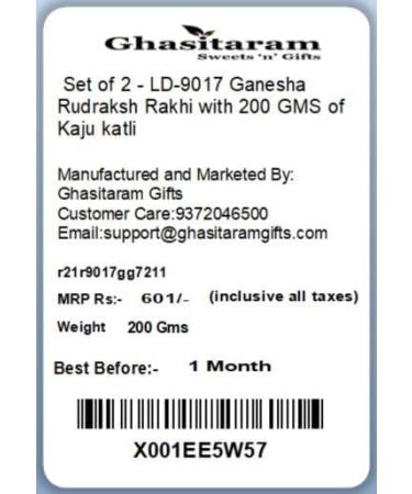 Ghasitaram Gifts Rakhi for Brother Rakhis Online - Set of 2 - LD-9017 Ganesha Rudraksh Rakhi with 200 GMS of Kaju katli - Buy Online on GoSupps.com