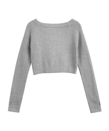 Girls Kids Dance Sweater Toddler Long Sleeve Ballet Crop Top Knitted Warm Pullover Sweatshirt with Thumb Hole Gray 2-3T
