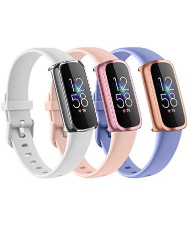 3 Pack Bands for Fitbit Luxe Bands with Screen Protector Case Soft Silicone Sport Replacement Wristbands Strap for Fitbit Luxe Women Large White+Pink+Violet