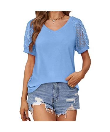 MALAIDOG Womens Casual Lace Puff Short Sleeve Tunic Blouse Floral Printed V Neck T Shirt Dressy Tops Summer Flowy Crochet Tee Blue Large