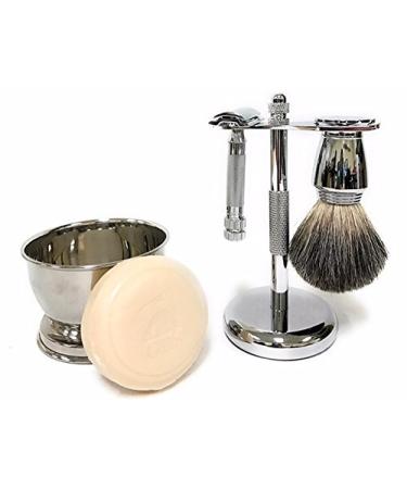 G.B.S Men s Shave Set Double Edge Safety Razor Badger Hair Shaving Brush Brush and Razor Stand Chrome Shaving Bowl Natural Shaving Soap and Blades