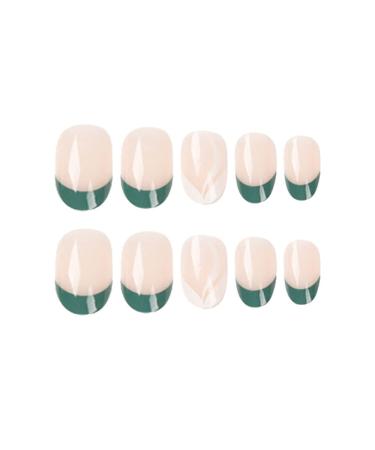 24Pc Short Glossy Almond Design Press on Nails - French Green False Nails Kit with Glue - Oval Green White Nail Tips - Buy Online on GoSupps.com