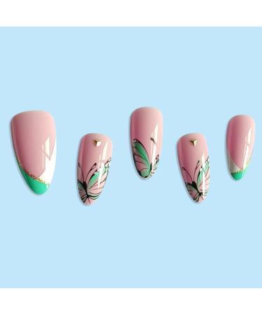 MENILITHS 24Pcs/Set Press On Nails French Green White Butterfly False Nails Acrylic Fake Nails Full Cover Nails Tips Artificial Finger Manicure Press on nails for Women and Girls - Buy Online on GoSupps.com